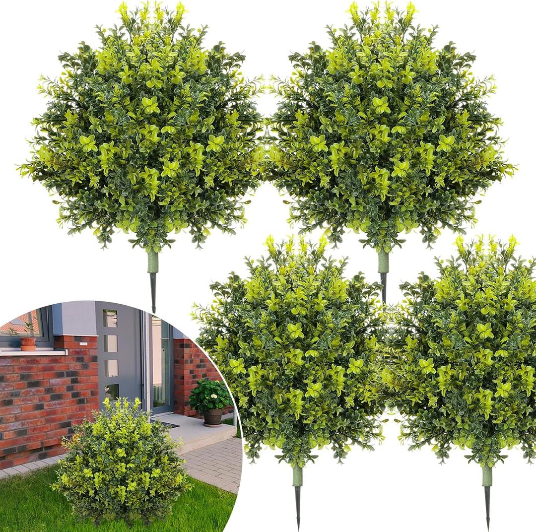 CroBlissful 4 Pack Artificial Boxwood Topiary Ball 24'' Faux Boxwood Tree with Ground Spike UV Resistant Evergreen Bush Fake Outdoor Plants for Front Door Porch Garden Yard Wedding Indoor Decor