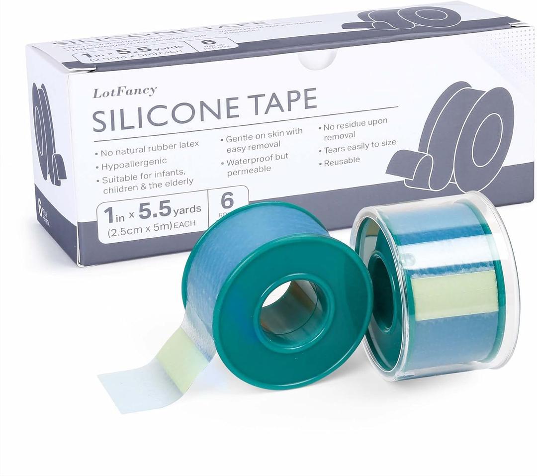LotFancy Medical Soft Silicone Tape, 1" x 5.5 Yards, 6 Rolls Transparent Adhesive Water-Proof Surgical Tape, Surgery First Aid Tape for Wound and Sensitive Skin