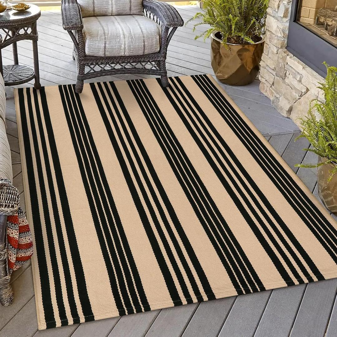 OJIA Outdoor Area Rugs 4'x6', Black and Tan Outdoor Rug Machine Washable Patio Rugs Cotton Hand Woven Entryway Rug Indoor Rugs for Bedroom/Porch/Deck/Backyard/Camping/Living Room