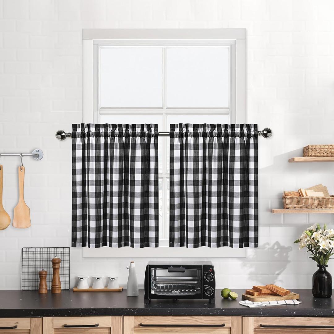 Buffalo Plaid Gingham Half Window Cafe Tier Curtains, Farmhouse Check Tiers Curtain for Kitchen Bathroom Living Room Window, 28" x 36", Black/White, Set of 2