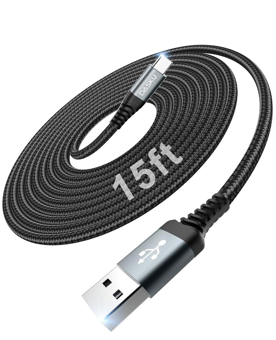 USB to USB C Cable 15FT 1Pack, Extra Long USB C Cable 3A Fast Charging, Nylon Braided Durable USBA to USBC Cord Compatible with iPhone 1716 15 Pro Max 16e, Galaxy S25 S24 S23 S22 Plus, Moto and More