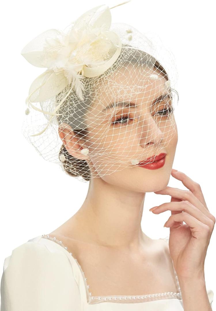 Cizoe Fascinator Hats for Women Tea Party Headband Kentucky Derby Wedding Flower Mesh Veil Fascinator (White)