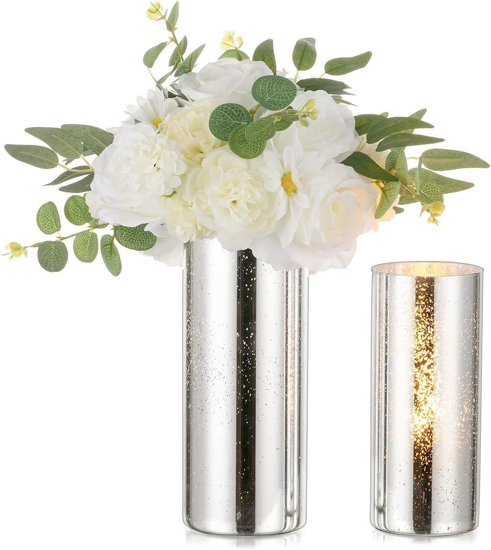Glass Cylinder Vases Set of 2, Hewory Glittery Silver Vase for Centerpieces, Glass Hurricane Candle Holders for Pillar Floating Candle, Tall Round Vase for Wedding Anniversary Events Home Table Decor