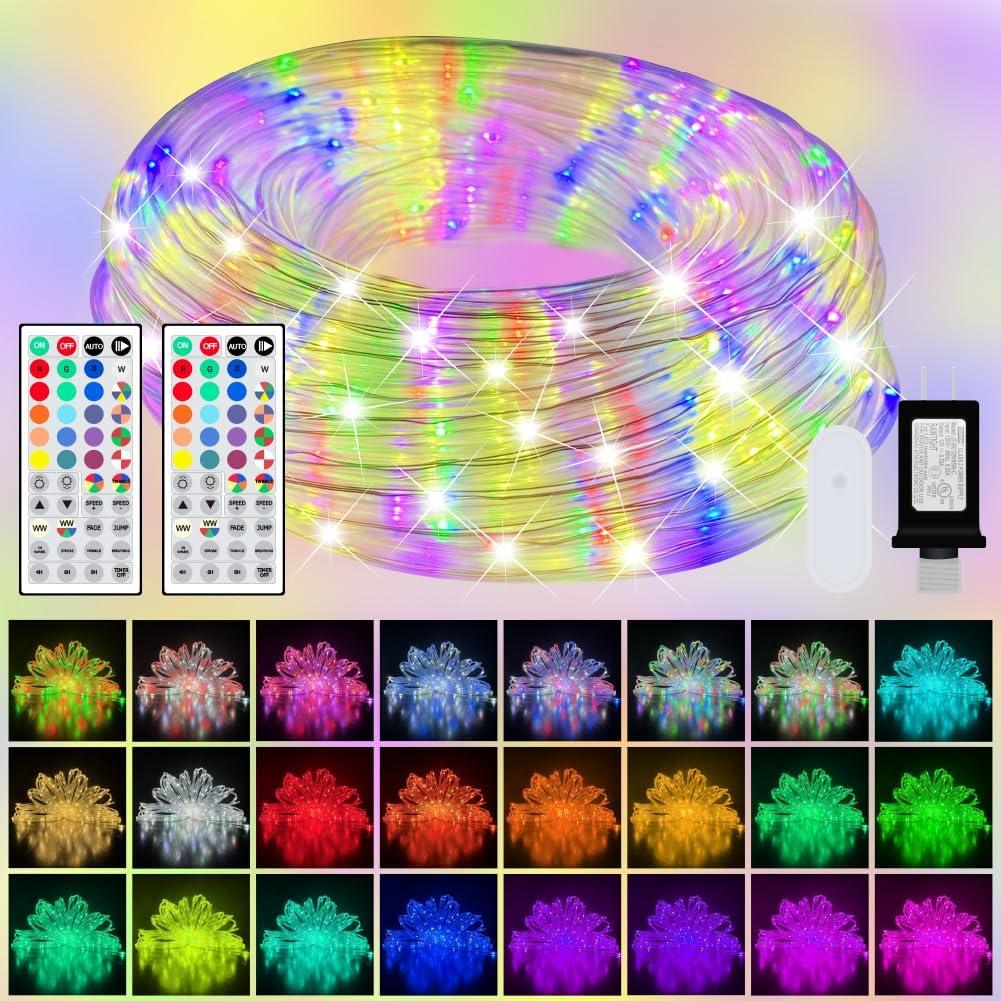 200ft Outdoor Rope Light, IP68 Waterproof 25 Color Changing String Lights with 149 Modes, Warm White & RGB LED Multicolor Twinkle Fairy Tube Lights for Indoor & Outside Railing, Balcony, Patio Decor