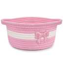 Pink Bow Basket for Nursery- Small Woven Gift Basket with Embroidered Bow, Empty Cute Rope Cotton Decorative Storage Bin, Baby 0rganizer with Handles, Shelves Shower Towel Wedding Decor