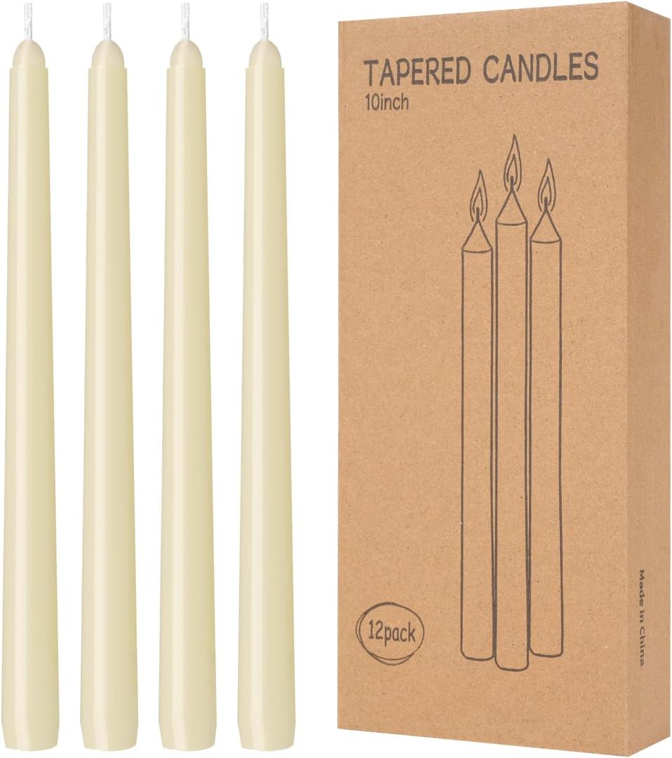 12 Pack Ivory Taper Candles 10 inch  Taper Candles Dripless, Smokeless, Unscented  8 Hours Long Burning  Hand Poured Tall Candlesticks  Perfect for Home Decor, Weddings, and Special Occasions