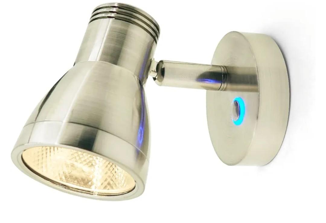 THALASSA RV Overhead Reading Light 12V LED Spotlight Camper Motorhome Interior Warm Light Brushed Nickel with Blue Small Reminder Light, Adjustable Touch Dimmer Switch 3W DC 10-30V