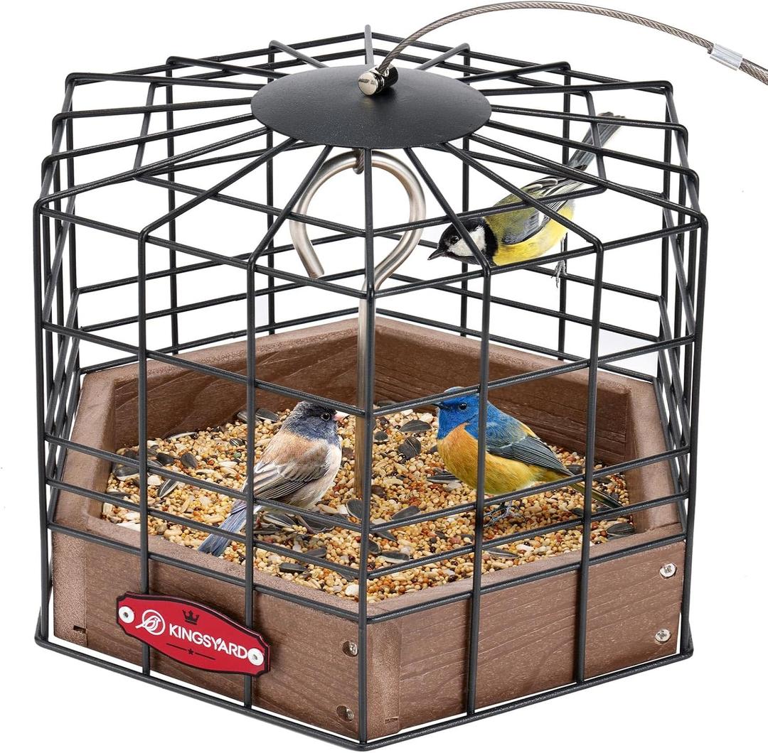 Kingsyard Squirrel Proof Platform Bird Feeders for Outdoor Hanging, 10" Wide Metal Caged Bird Feeder for Small Wildbirds Finches, Recycled Plastic Feeding Platform with Metal Seed Tray, Brown