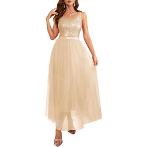 BeryLove Sequin Dress for Woman Vintage A Line Wedding Formal Swing Mesh Dress Sleeveless Cocktail Maxi Gowns, L