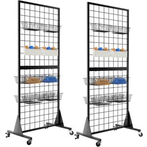 2-Pack Gridwall Panel Display Stand, 2'x5.5' Heavy Duty Floor Standing Rack with Detachable Girdwall, Movable Silent Wheel, Easy to Transport, Ideal for Retail & Craft Fairs