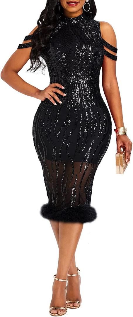 VERWIN Sequins Patchwork Bodycon Dress Women's Long Sleeve Dress Elegant Dress Plume Maxi Dress Party Dress (Large)