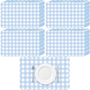 60 Pcs Blue Gingham Party Supplies Gift Disposable Scalloped Table Placemat 17.7 X11.8 Inch Decorative Paper Mats Bulk for Table Setting Dining Wedding Christmas Bridal Baby Shower