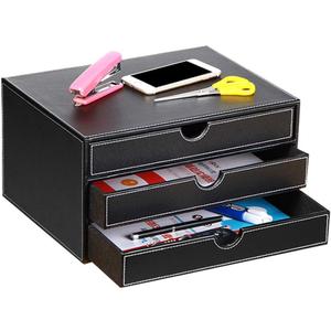 Ayunga Leather Desk Organizer with 3 Drawers, Executive Office Supplies Desktop Filing A4 File Cabinet/Holder,Stackable Storage Box for Jewelry/Bill/Documents/Makeup Home Decor Accessories(Black)