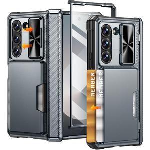 Caka for Galaxy Z Fold 6 Case with Card Holder Wallet & Slide Camera Cover & Screen Protector & Hinge Protection, Dual Layer PC & TPU Heavy Duty Rugged Phone Case for Samsung Galaxy Z Fold 6, Silver