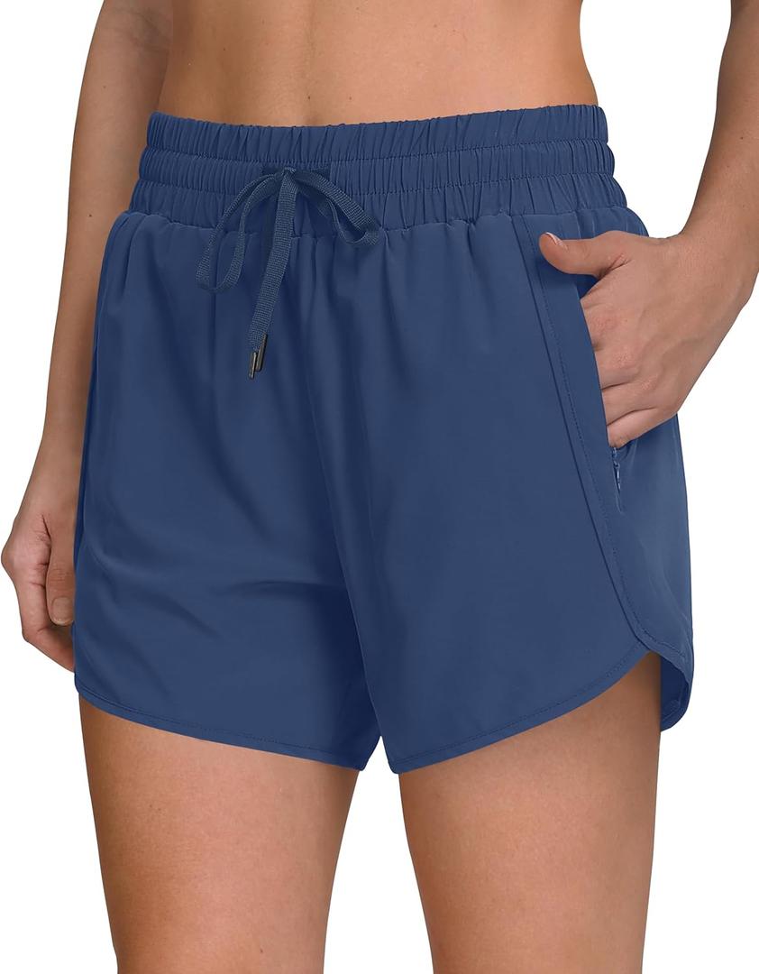 Women's 5" Running Shorts Quick Dry Sporty Athletic Gym Workout Shorts with Zipper Pockets Liner (Blue, S)