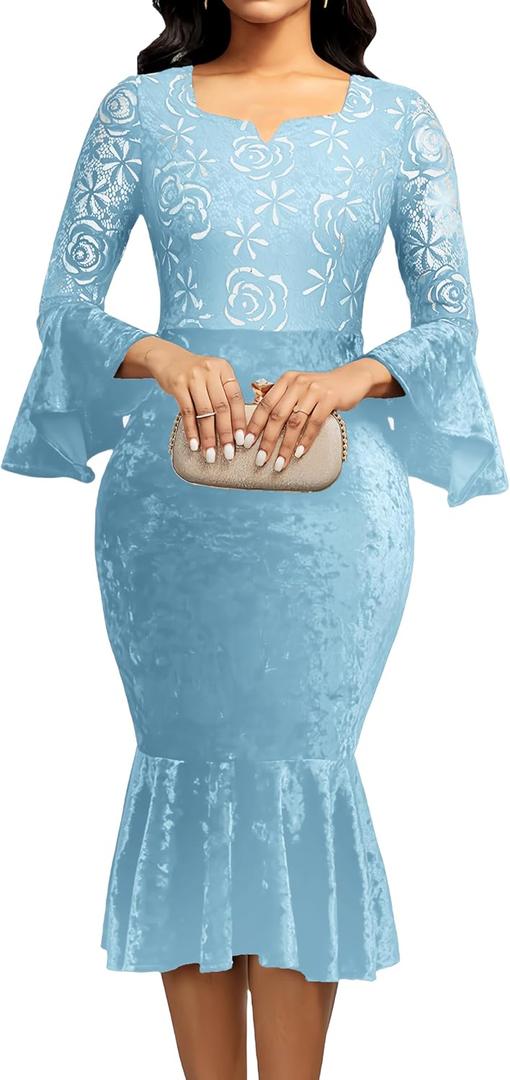 Midi Lace Dress for Women Sexy Bodycon Fishtail Dress Elegance Cocktail Party Banquet Church Outfits (Blue, M)