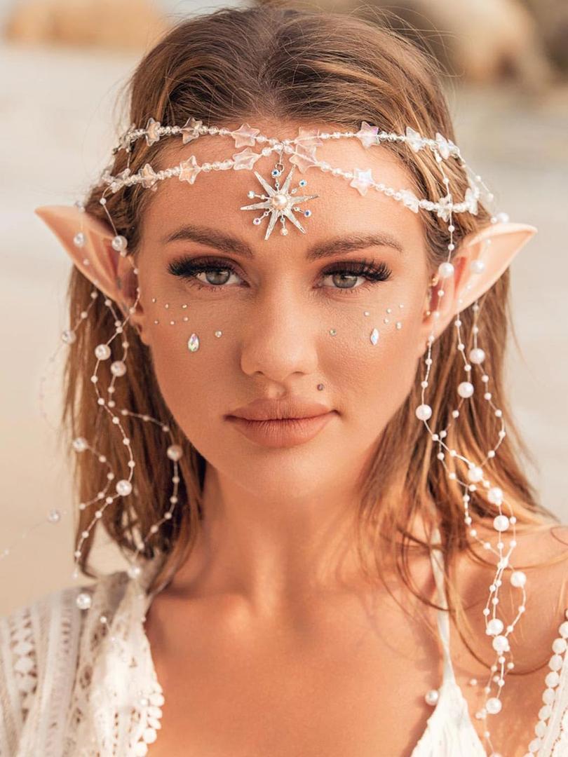 Aukmla Star Boho Head Chain with Fairy Elf Ear Pearl Tassel Headpiece Hair Chains Jewelry Halloween Costume Festival Headband Hair Accessories for Women
