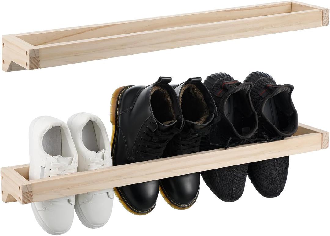 Wenqik 2 Pcs Wall Mounted Shoe Rack 30 Inch Rustic Wood Wall Hanging Shoe Rack Space Saving Footwear Holder Shoe Storage Organizer for Mudroom, Entryway, Closet (Wood Color)