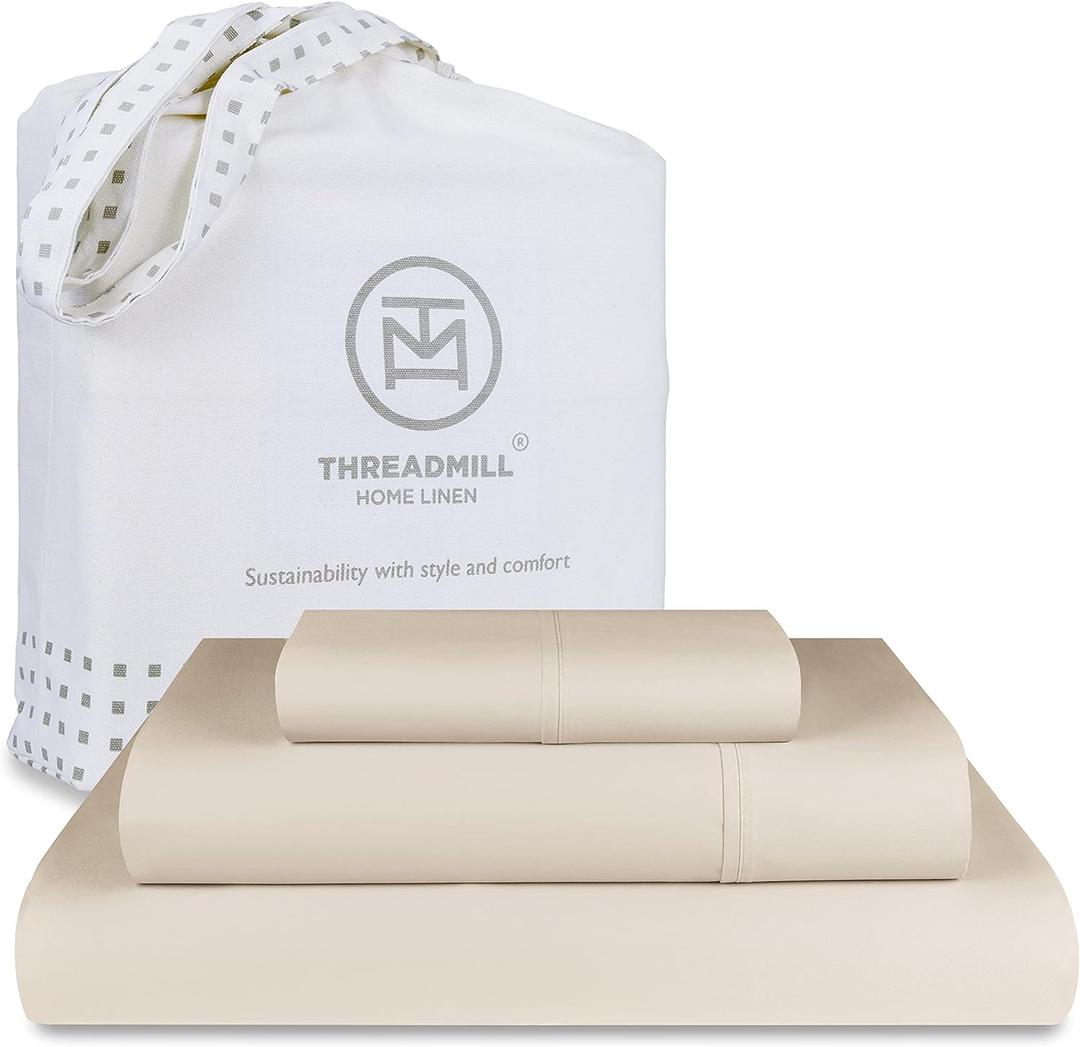 Threadmill 100% Cotton Sheets for Twin XL Size Bed - 600 Thread Count Twin XL Bed Sheets Set with 15 Deep Pocket - Sateen Weave 3-Piece Bedding Set with Cooling Effect, Beige (Light Beige Solid)