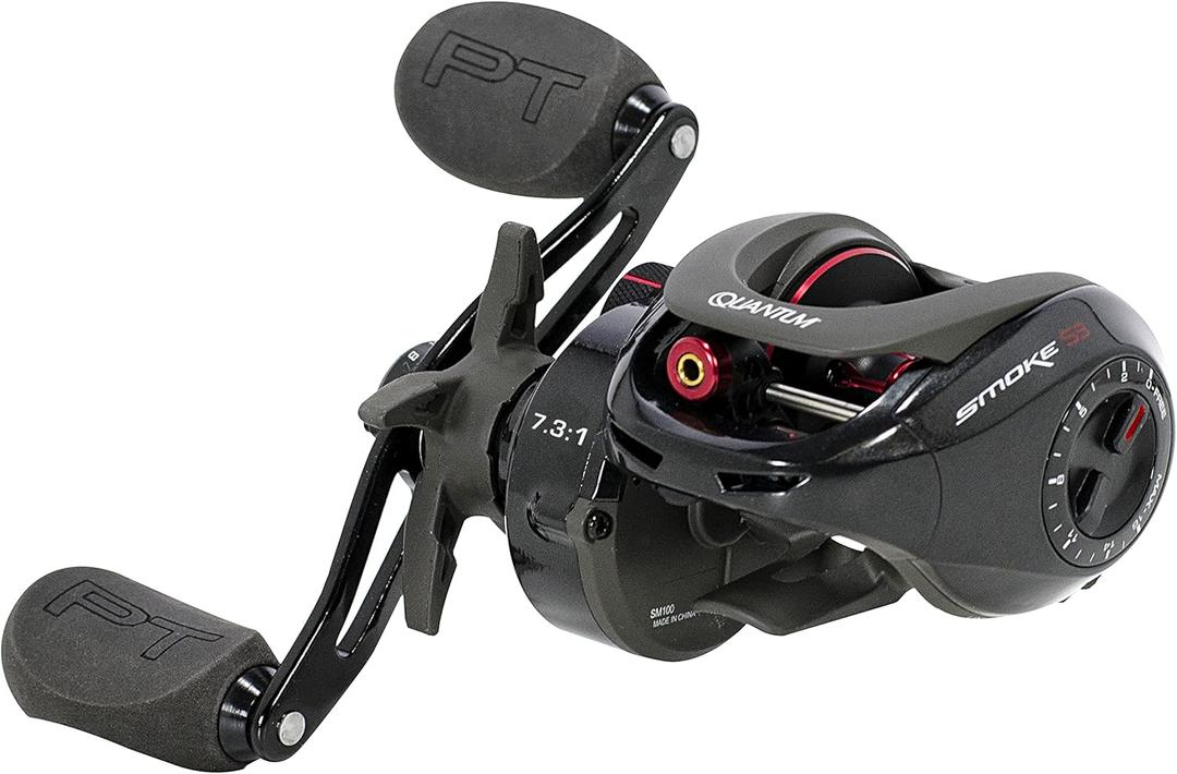 Quantum Smoke Baitcast Fishing Reel, Size 100 Reel, Large EVA Handle Knobs and Continuous Anti-Reverse Clutch, 10+1 Bearings, Black