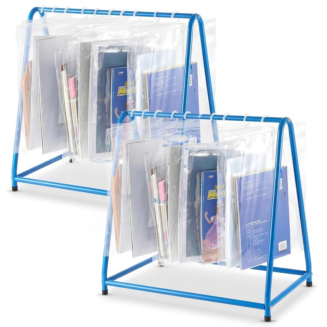 2 Pcs Hanging Book Rack Read Along Totes Metal Rack 12 x 18 x 18 Inch with Non Slip Rubber Floor Mat for Classroom Organization Teacher Supplies