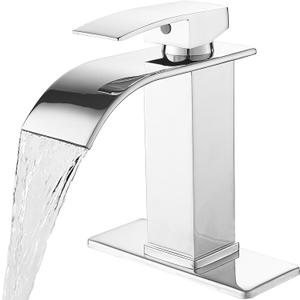 Waterfall Bathroom Faucet Single Handle Stainless Steel Lavatory Commercial Modern Bathroom Sink Faucets Basin Vanity with Deck Plate Fit for 1 & 3 Hole,Polished Chrome