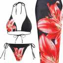 ZAFUL Womens 3pcs Swimsuit Floral Halter Triangle Bikini Top Tie Side Bottom with Long Sheer Cover Up Skirt (Large, 0-red)