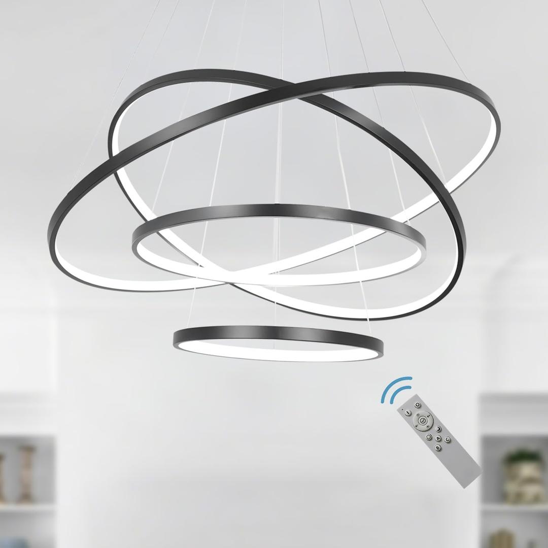 Modern LED Ring Chandelier Lighting Dimmable Ceiling Dining Room Chandeliers Contemporary Pendant Lights Living Room Cool White Light Fixtures Hanging 4 Ring Foyer Bedroom Black