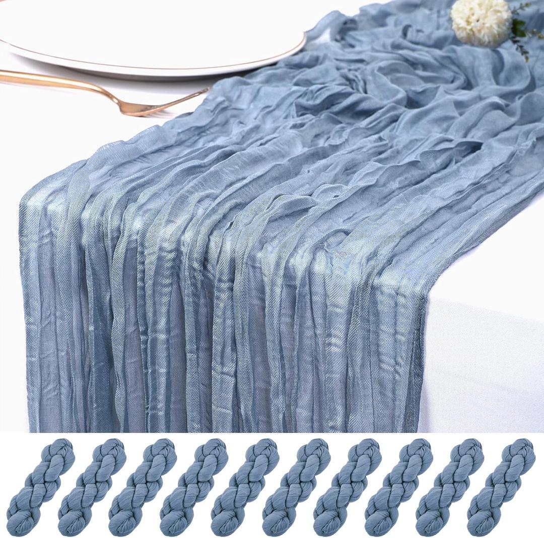 10 Pack Dusty Blue Cheesecloth Table Runner 17x108 Inch Semi Sheer Boho Rustic Gauze Cheese Cloth Table Runners for Wedding Party Birthday Baby Shower Home Décor