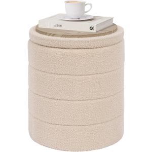 PINPLUS Round Storage Ottoman Foot Rest Stool with Tray Velvet Sherpa Folding Storage Ottoman,Boucle Foot Rest for Living Room, Bedroom, Dorm（Beige）, 14.6"D x 14.6"W x 17.7"H