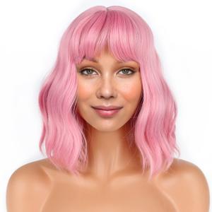 LANICE Short Bob Pink Wigs with Bangs for Women Loose Wavy Hair Shoulder Length Wigs Synthetic Colorful Wigs for Cosplay Daily PartyUse(Pink,12inch)