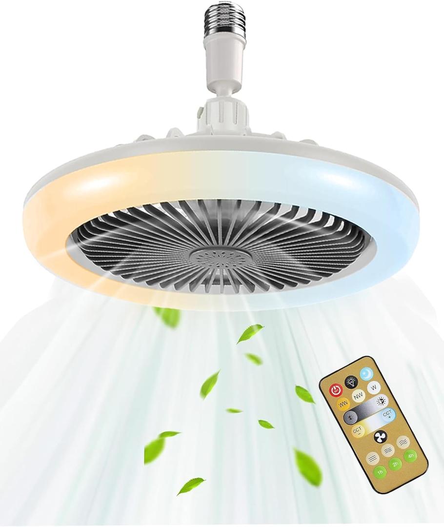 Enclosed Ceiling Fan with Light and Remote, 10 Inch Screw in Fan Light Mini Bladeless Ceiling Fans, 3 Fan Speeds Dimmable 3 Light Colors for Garage Tool Room Hallway, No Wiring Required (Grey 02)