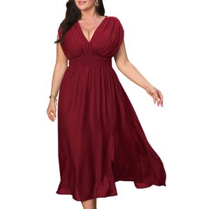 baronshion Womens Plus Size Dresses Short Sleeve V Neck Casual Dress Elastic Waist Flowy A Line Long Maxi Dresses Red (Red, XXL)