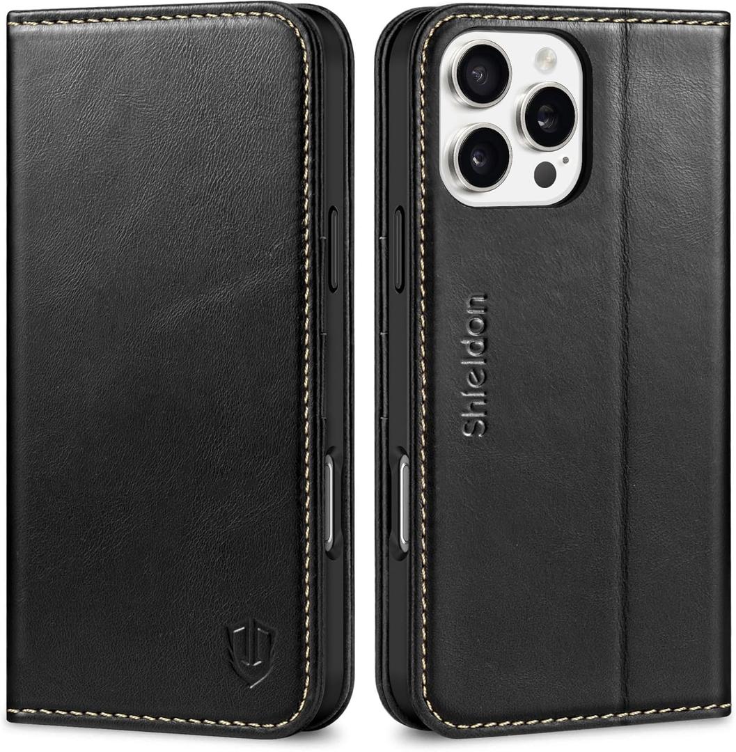 SHIELDON Wallet Case for iPhone 16 Pro Max 5G 2024, Genuine Leather RFID Blocking Credit Card Case Flip Magnetic Full Protection Kickstand Cover Compatible with iPhone 16 Pro Max 6.9" - Retro Black