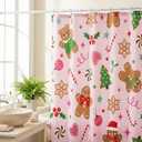 Frienda Pink Christmas Shower Curtain Set 71x72 Inch Cute Gingerbread Man Candy Cane Xmas Tree Snowflake Bathroom Shower Curtain with Hooks Winter Waterproof Merry Christmas Fabric Bath Decorations