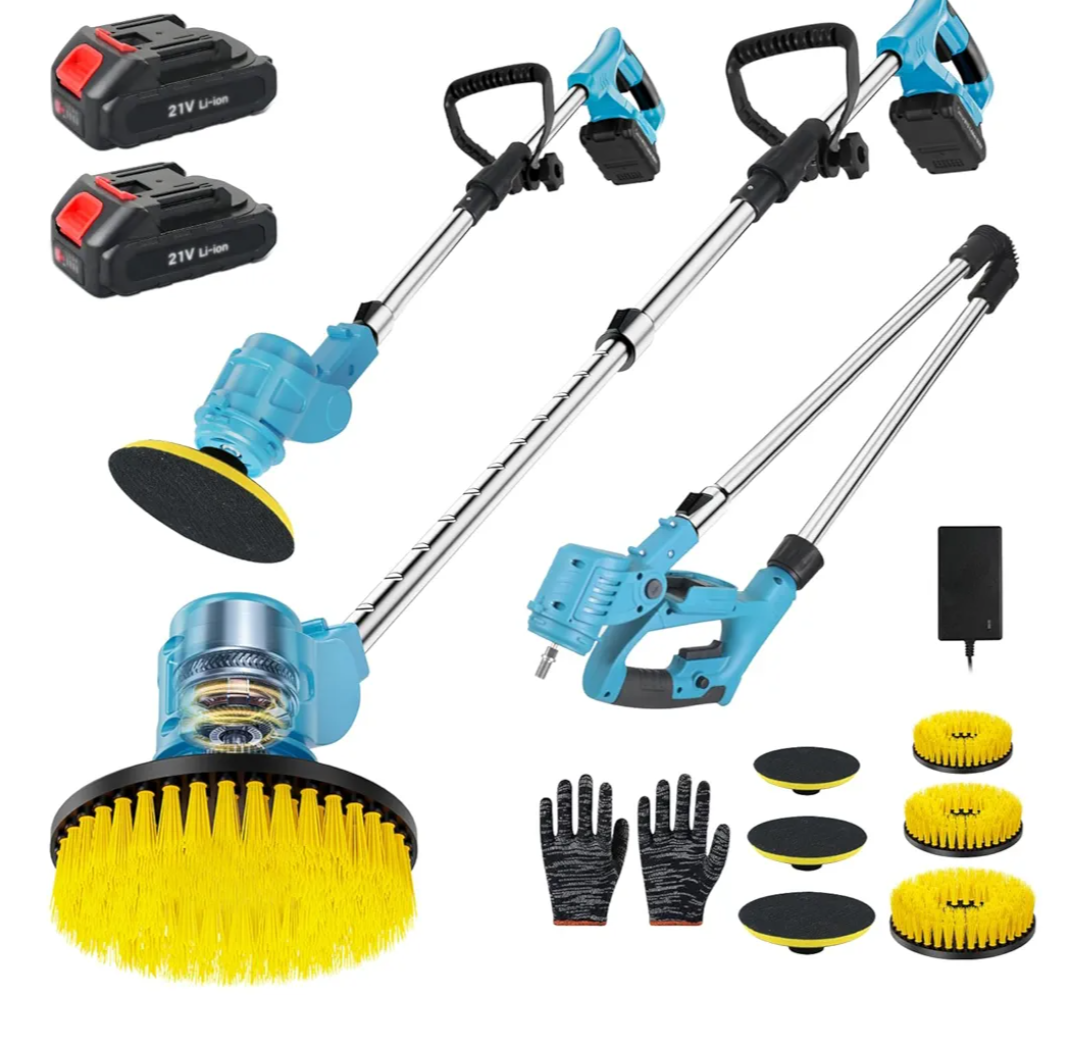 Electric Spin Scrubber Extra Long Foldable,Cordless Rechargeable Spin Scrubber Battery Power 21V,1800RPM Cordless Electric Power Scrubber with 6 Brushes for Bath/Tub/Tile/Floor/Walls