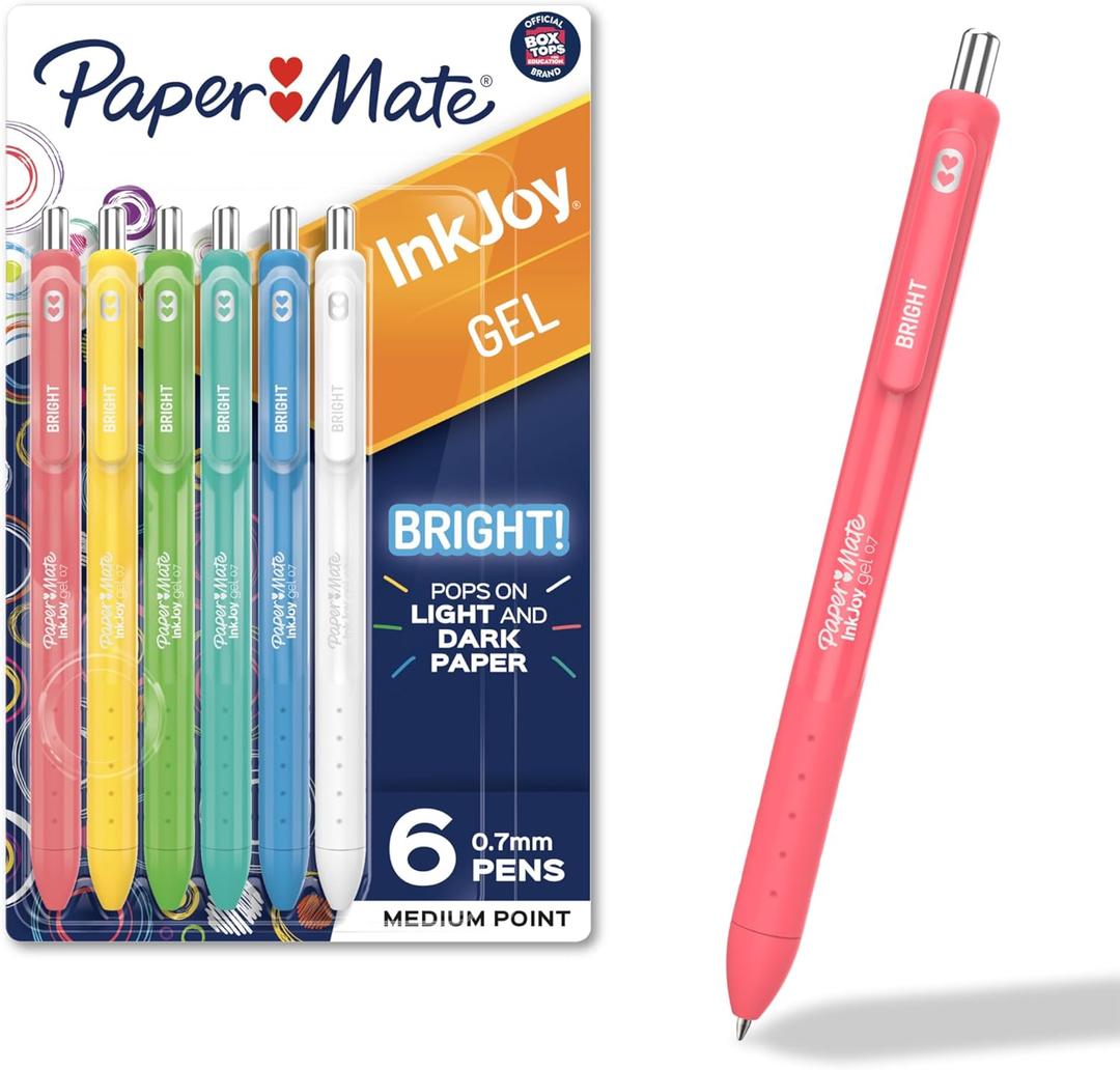 Paper Mate InkJoy Gel Bright! Gel Pens, Medium Point (0.7mm), Retractable, Assorted Opaque Ink, 6 Count - Comfortable Grip, Vivid Colors