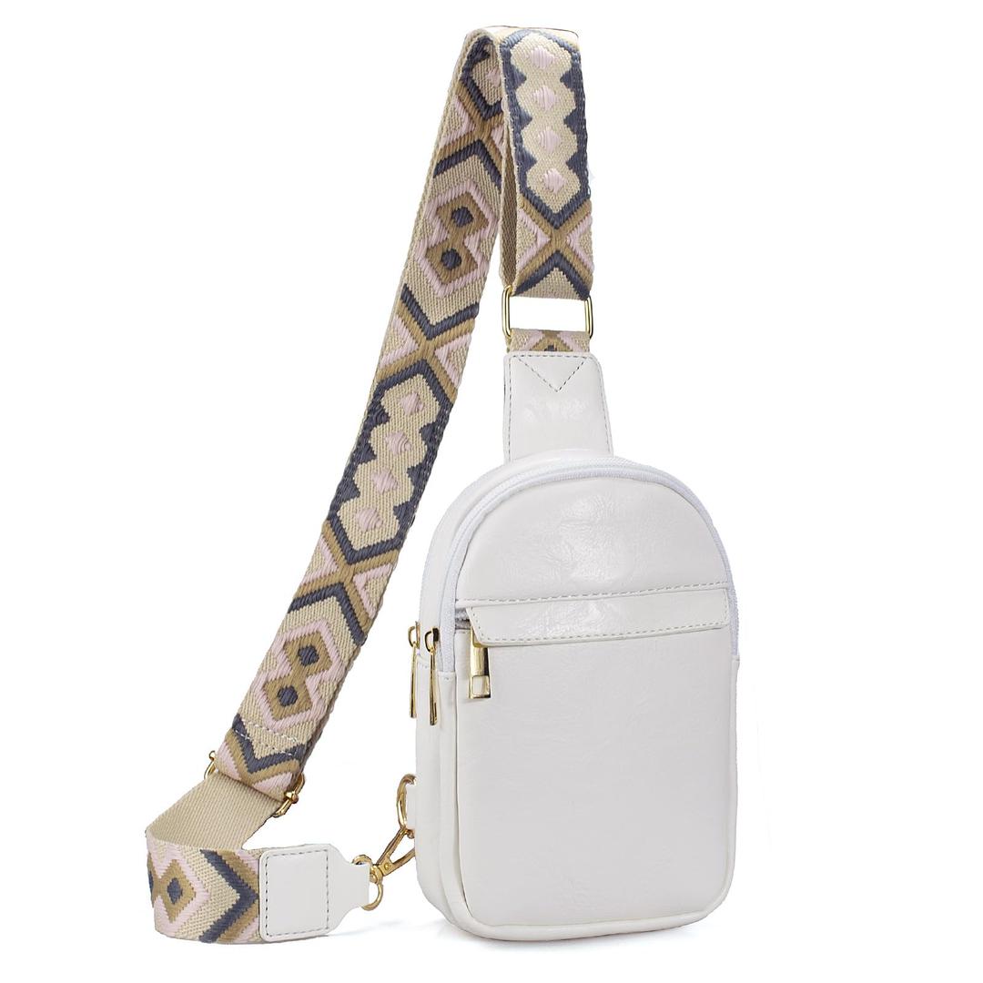 KlaOYer Sling Leather Bags For Women Crossbody Small Fanny Pack Purses Chest Bags With Guitar Strap For Gril Lady (White 7)