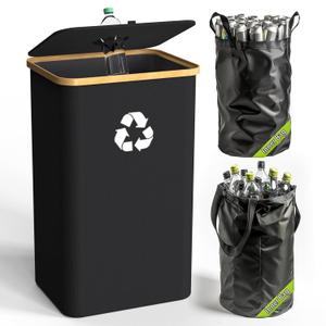 Pakusane Recycling Bin for Kitchen Indoor Home, Large 26 Gallon 100L Recycle Bin with Lid Removeable Reusable Inner Bag Bottle Can Glass Waste Plastice Stickers,Black