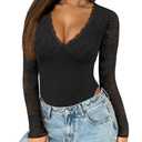 Saslax Women's Lace Bodysuit Sexy Deep V Neck Long Sleeve Body Suits Thong Slim Fit Double Lined Y2K Going Out Tops S