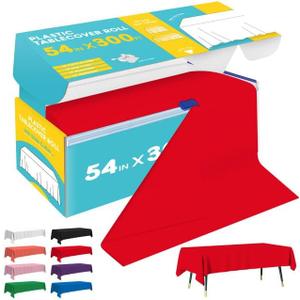 Red Plastic Table Cover Roll - 54IN x 300FT, Table Cloth for Rectangle Table with Slide Cutter, Plastic Table Cloth Disposable with Cut-to-Size Design for Weddings, Banquets, Parties