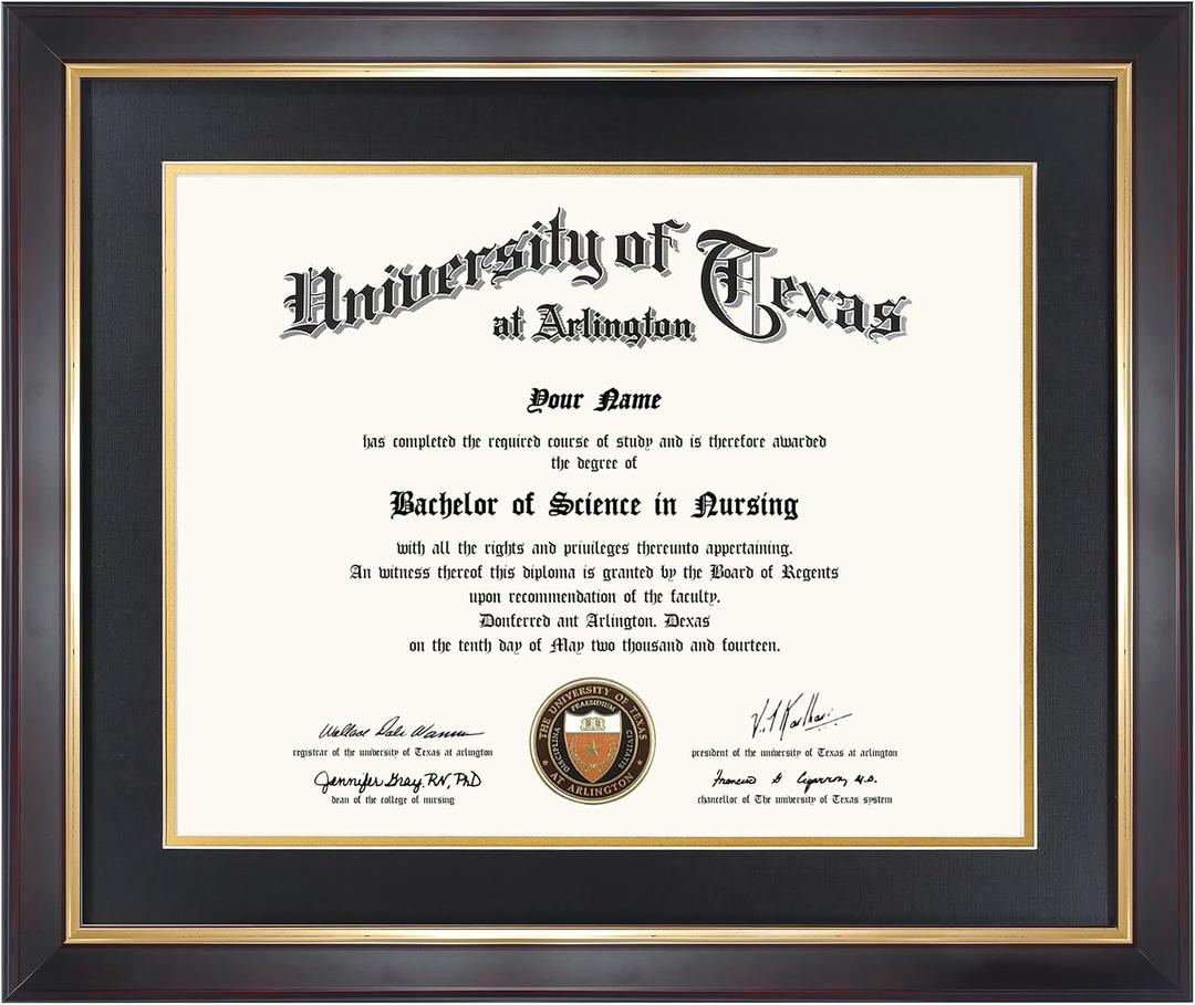GMFrames 11x14 Wood Diploma Frame with Black Mat or Display 14x17 Certificates without Mat,Tempered Glass,Deep Brown Finish with Gold Trim