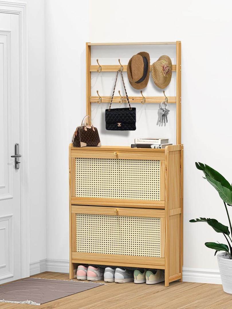 Bamboo Shoe Cabinet Rattan with Hanging Rack Hidden Shoe Storage Cabinet Narrow Wood Freestanding Organizer with 2 Flip Drawers Adjustable Panel for Entryway Hallway Light Brown