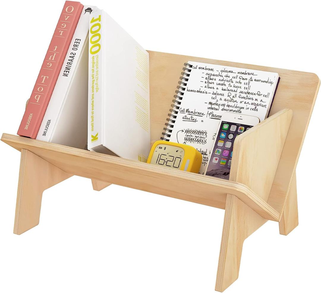 RekRang Wooden Tabletop Bookshelf Titled Desktop Bookshelf Cookbook Shelf, Small Bookcases for Magazine Books CDs, Book Rack Desk Book Organizer in Living Room/Office/Bedroom (Burlywood)