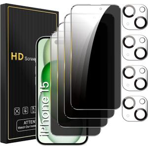 4 Pack Privacy Screen Protector for iPhone 15 6.1 Inch with 4 Pack Camera Lens Protector, Anti Spy Tempered Glass Film, Anti-Scratch, Touch Sensitive, Case Friendly