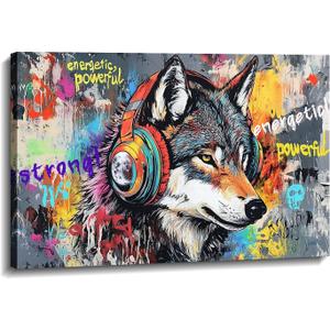 Wolf Canvas Wall Art - Wolf Wall Decor Graffiti Picture Funny Animal Listen to Music Painting Inspirational Prints Pop Artwork Office Living Room Home Decor Framed(Wolf-16,16.00"x24.00")