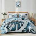 Yogeneg King Quilt Bedding Set,White Green Botanical Pattern Light Blue King/Cal King Quilt Set,3 Piece Lightweight Soft Summer Bedspread Coverlet with 2 PIillow Shams,All Season(Light Blue,110"x96")