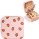 Strawberry Small Travel Jewelry Case with Mirror Portable Pink PU Leather Box Earrings Necklaces Rings Bracelets Storage Organizer Gift for Women And Girls