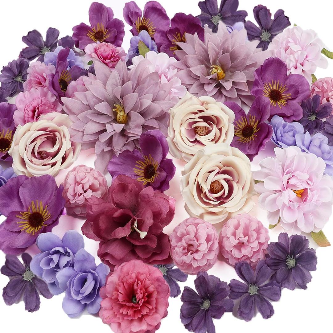 56 PCS Fake Flowers Heads Artificial Purple Silk Flower Heads Bulk Faux Mini Flowers for Cake Blossom Wreath Wedding Bridal Party DIY Home Decoration