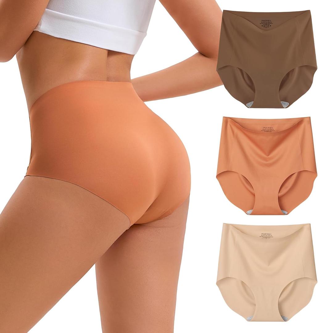 INNERSY Women's High Waist Seamless Underwear No Show Panties Full Coverage Briefs 3-Pack (Large, Maillard)